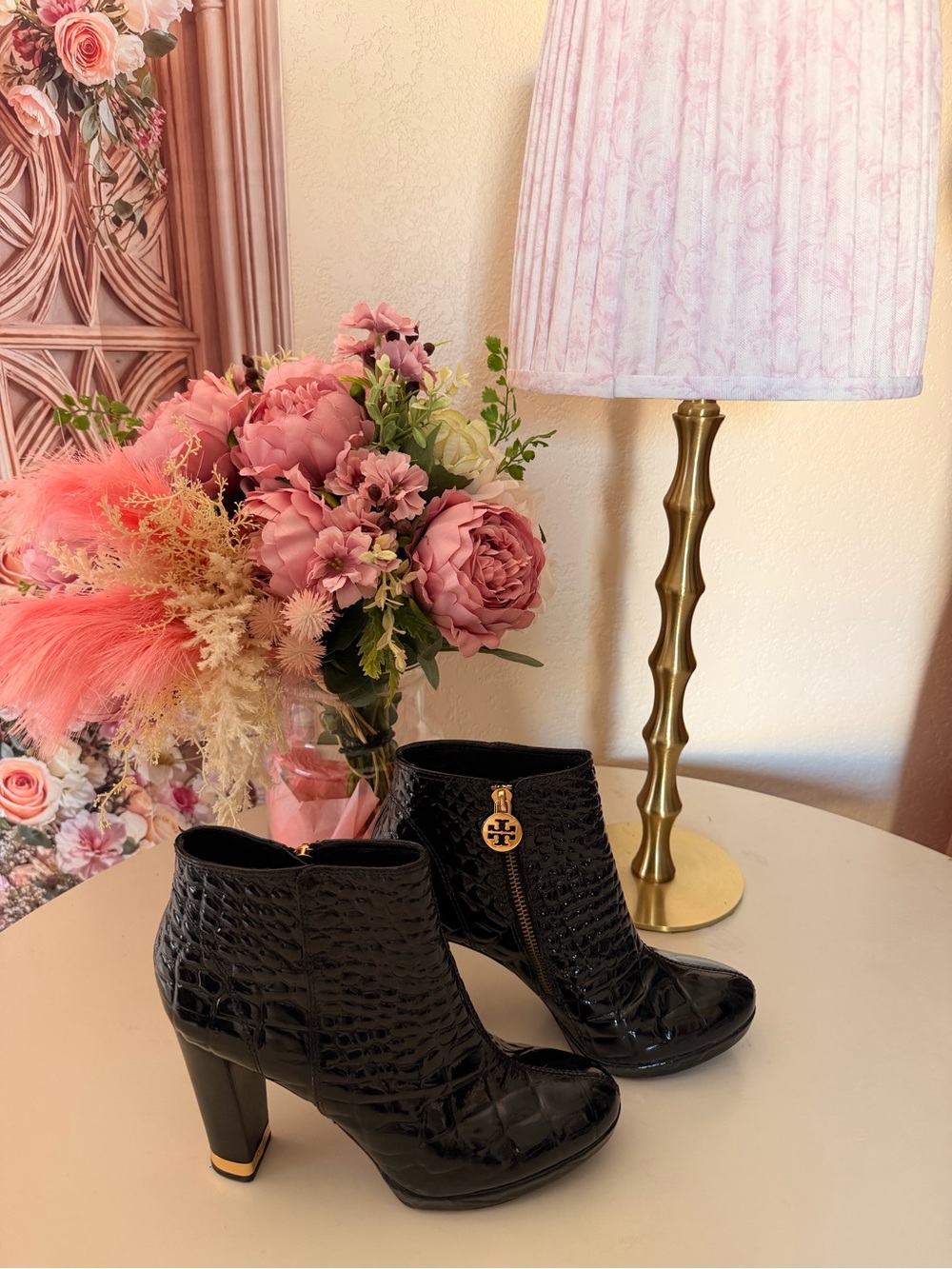 Tory Burch Black Croc-Embossed High Heel Ankle Boots with Gold Logo Zip